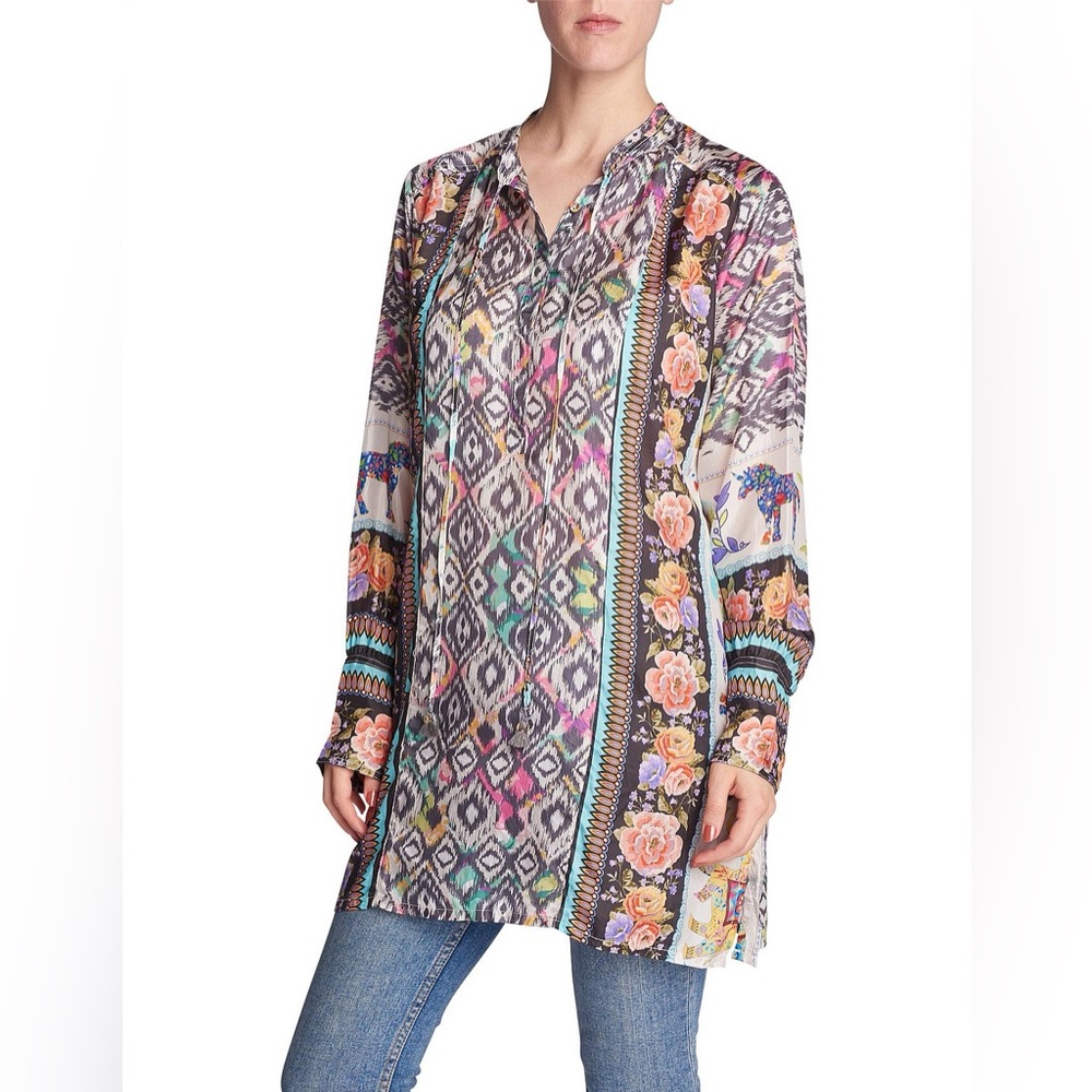 Johnny Was Nanette Multicolor Patterned Floral Sheer Women's Silk Tunic XS